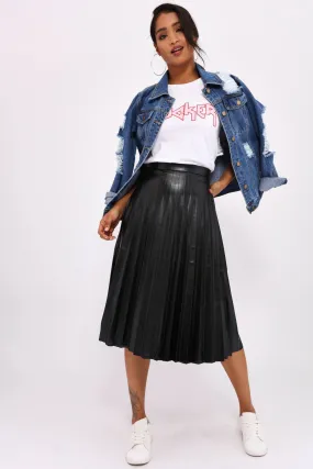 Black Pu Pleated Midi Skirt