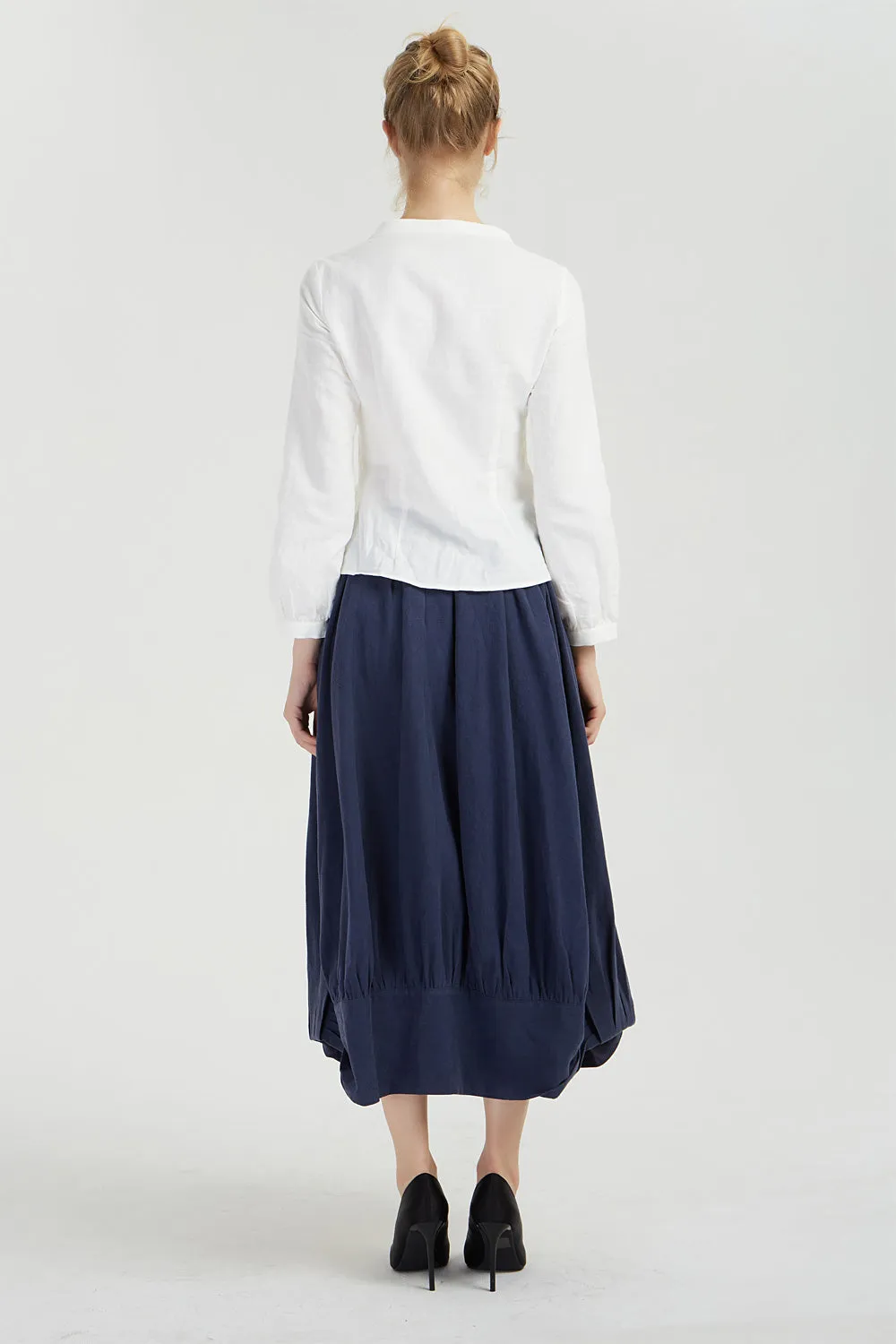 midi blue linen summer skirt for women 2041