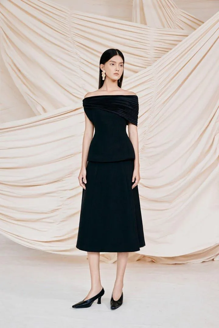 Pleated Shoulder Top & Midi Skirt Set -LYNN